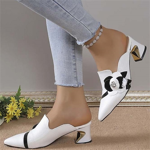 

Mulheres Sandálias Tamancos Sapatos Confortáveis Tamanhos Grandes Diário Verão Pedrarias Flor Salto Robusto Dedo Apontado Moda Elegante Minimalismo Couro Sintético Mocassim Bloco de cor Branco