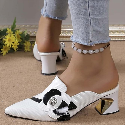 

Women's Sandals Clogs Comfort Shoes Plus Size Daily Summer Rhinestone Flower Chunky Heel Pointed Toe Fashion Elegant Minimalism Faux Leather Loafer Color Block White