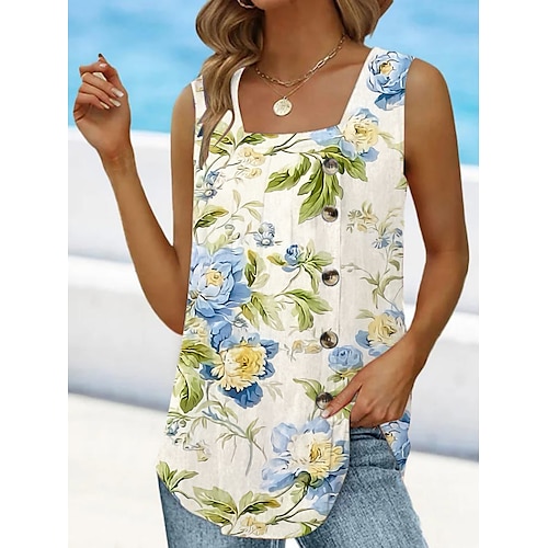 

Mulheres Malha Íntima Branco Verde Floral Botão Imprimir Sem Manga Casual Feriado Básico Decote Quadrado Padrão Tema Flores S