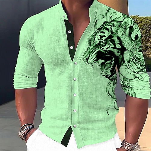  Men's Animal Tiger Shirt Button Up Shirt Long Sleeve Fashion Streetwear Designer Outdoor Casual Daily Summer Spring Fall Stand Collar Print White Pink Blue Green Khaki