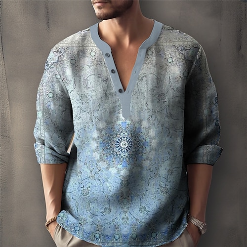 

Men's Shirt Linen Shirt Floral Graphic Prints Vintage Stand Collar Yellow Royal Blue Blue Purple Orange Outdoor Street Long Sleeve Print Clothing Apparel Linen Fashion Streetwear Designer Casual