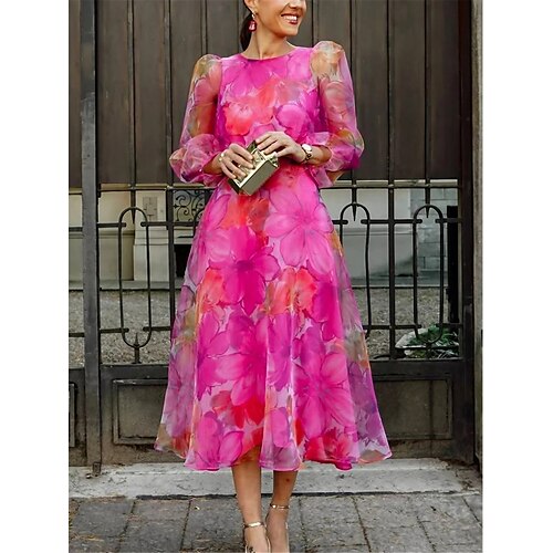 

Women's Party Dress Cocktail Dress Wedding Guest Dress Pink Dress Midi Dress Pink Blue Green Long Sleeve Floral Print Summer Spring Fall Crew Neck Fashion Vacation Summer Dress S M L XL XXL 3XL