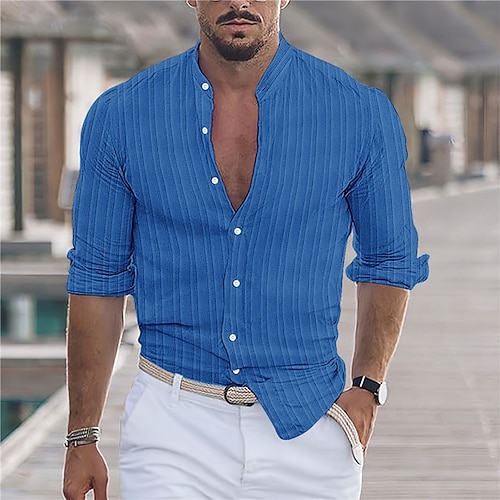 

Homens Camisa Social camisa de botão Camisa casual camisa de verão camisa de praia Preto Branco Azul Verde Escuro Marron Manga Longa Riscas Faixa Diário Férias Roupa Moda Casual Confortável