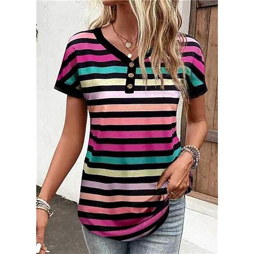 

Women's T shirt Tee Rainbow Striped Button Print Short Sleeve Daily Weekend Basic V Neck Regular Painting S