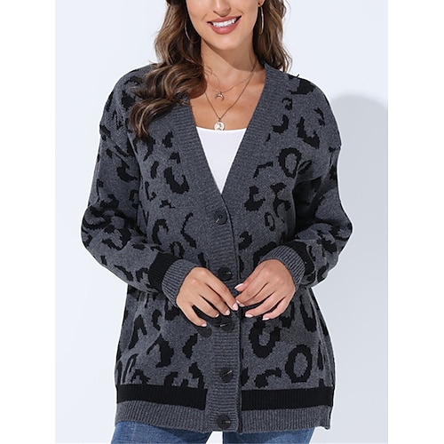 

Gilet Cardigan Maille Femme A côtes Tricoter Bouton Imprimer Léopard Col V mode Décontractées Extérieur du quotidien Manches 3/4 Automne Hiver Chameau Gris foncé Taille unique