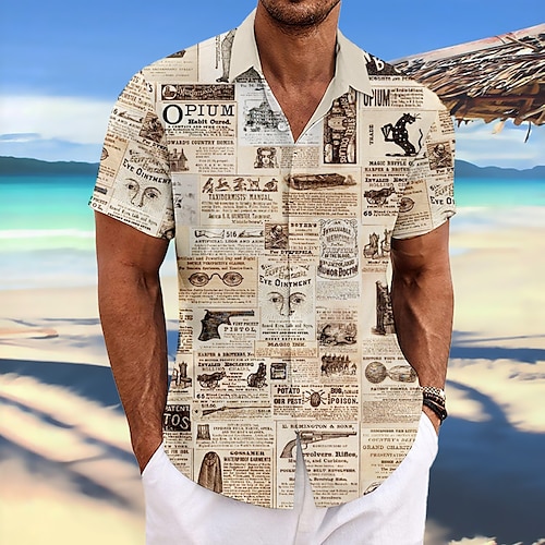 

Homme Chemise Chemise Lin Lettre Imprimés Photos Rétro Vintage Col rabattu Bleu Vert Kaki Gris Extérieur Plein Air Manches courtes Imprimer Vêtement Tenue Lin Mode Design Décontractées Flexible