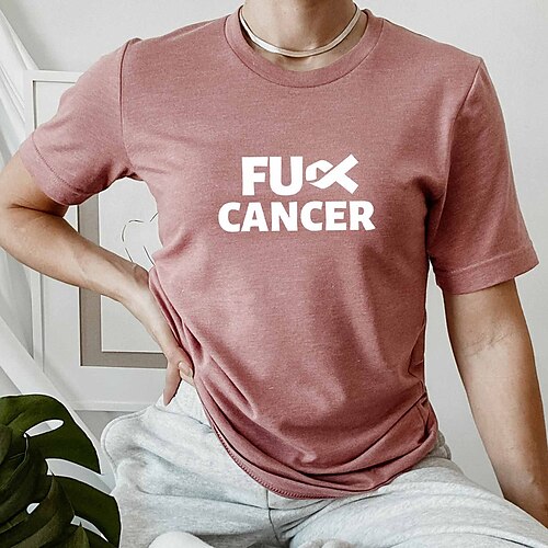 

Damen T Shirt Schwarz Rosa Grau Buchstabe Bedruckt Kurzarm Täglich Wochenende Basic Rundhalsausschnitt Fuck Cancer Regular Fit Farbe