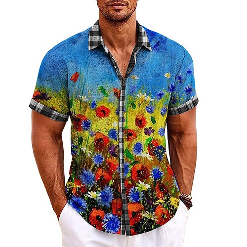 

Homme Chemise Chemise Lin Floral Imprimés Photos Peinture à l'Huile Col rabattu Jaune Bleu Extérieur Plein Air Manches courtes Imprimer Vêtement Tenue Lin Mode Design Décontractées Flexible