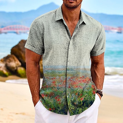 

Herren Hemd leinenhemd Blumen Grafik-Drucke Umlegekragen Blau Grün Outdoor Strasse Kurze Ärmel Bedruckt Bekleidung Leinen Modisch Designer Brautkleider schlicht Weich