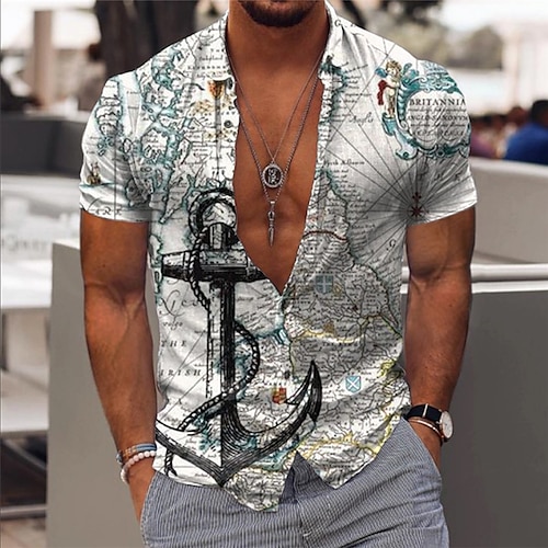 

Homme Chemise Chemises hawaïennes vintage Crânes Carte Imprimés Photos Ancre Rétro Vintage Col rabattu Blanche Kaki Extérieur Plein Air Manches courtes Imprimer Vêtement Tenue Mode Vêtement de rue