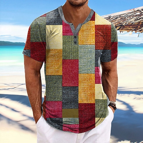 

Hombre Camiseta Henley Shirt Graphic Bloque de color Ajedrez Escote en Pico Ropa Impresión 3d Exterior Diario Manga Corta Estampado Design Clásico Casual