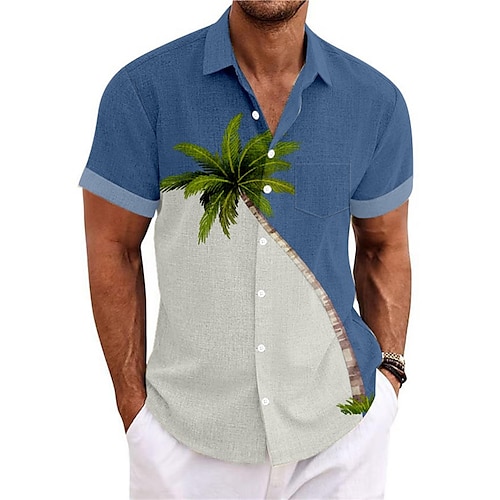 

Men's Shirt Linen Shirt Summer Hawaiian Shirt Coconut Tree Graphic Prints Turndown Black Blue Green Khaki Gray Outdoor Street Short Sleeves Print Clothing Apparel Linen Sports Fashion Streetwear