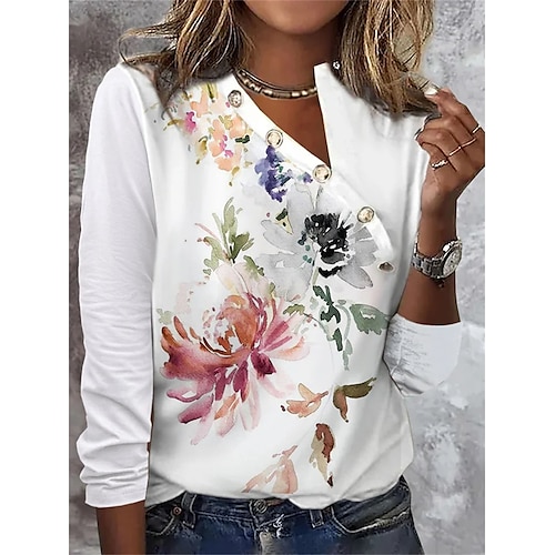 

Mujer Camisa Blusa Blanco Floral Botón Estampado Manga Larga Casual Festivos Básico Escote en Pico Regular Flor S