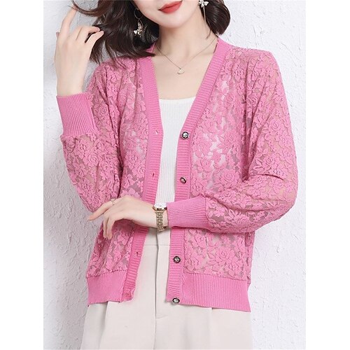 

Mulheres Sueter Cardigan Saltador Estriado Tricotar Botão Floral Decote V à moda Casual Ao ar livre Diário Verão Outono Preto Branco S M L