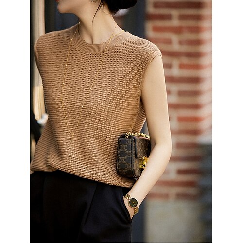

Mujer Chaleco suéter Puente Estriado Tejer De Gran Tamaño Color sólido Cuello Barco Elegante Casual Exterior Diario Primavera Otoño Negro Blanco S M L