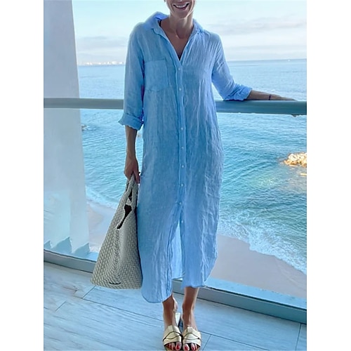 

Robe chemise Robe casual Femme Robe mi-longue Polyester Mode basique Extérieur du quotidien Vacances Col de Chemise Bouton Poche Manches 3/4 Eté Printemps Automne 2023 Ample Bleu Plein S M L XL 2XL