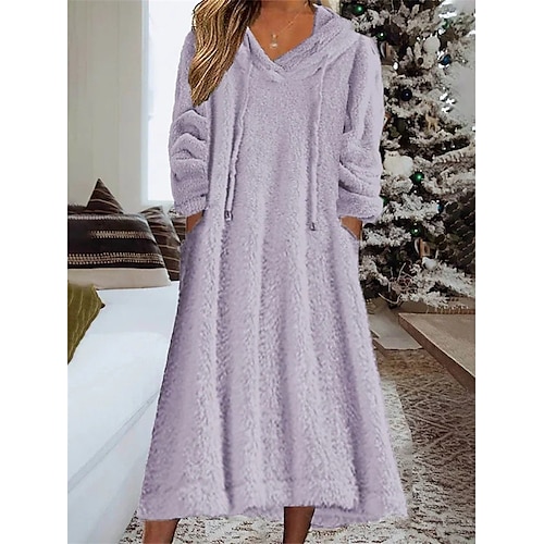 

Women's Fleece Loungewear Fluffy Fuzzy Warm Pajama Nightshirt Dress Pure Color Casual Comfort Soft Home Daily Going out Coral Fleece Coral Velvet Warm Hoodie Long Sleeve Fall Winter Black White