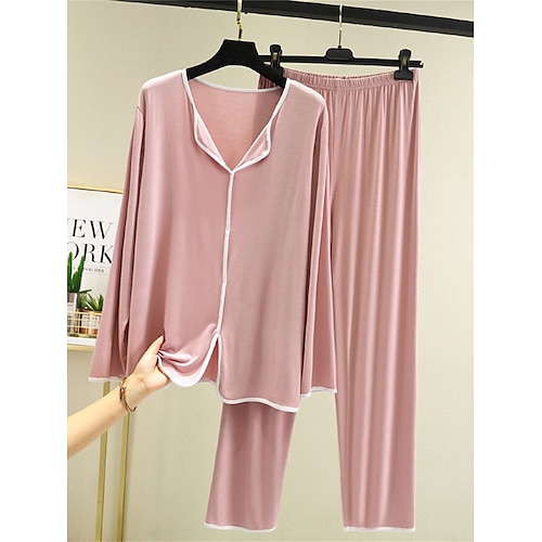 Conjunto de pijama de mujer, top y pantalón de pijama, 2 piezas, color puro, moda, informal, suave, para uso diario en casa, modal, transpirable, con solapa, manga larga, pantalón, verano, primavera,