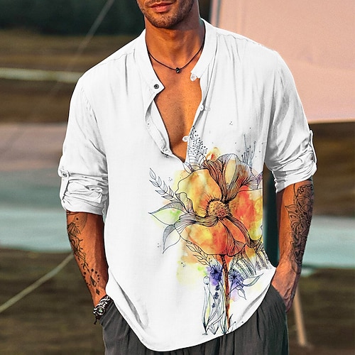 

Homens Camisa Social camisa de linho Floral Estampas Abstratas Colarinho Chinês Amarelo Cinzento Ao ar livre Rua Manga Longa Imprimir Roupa Linho Moda Roupa de rua Designer Casual