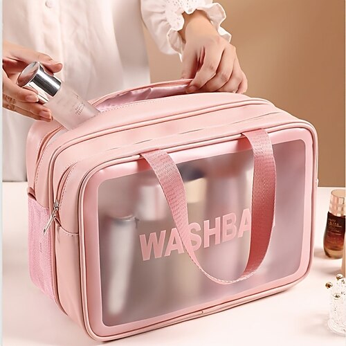 

Bolsa de maquiagem transparente Separação molhada seca Bolsa cosmética de lavagem à prova d'água com alça de zíper Grande capacidade para produtos de cuidados com a pele Saco de armazenamento de acabamento de dupla camada para viagem