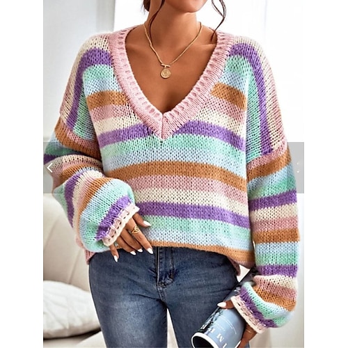 

Mujer Suéter de punto Puente Estriado Tejer Retazos Bloque de color Escote en Pico Elegante Casual Exterior Diario Otoño Invierno Rosa S M L