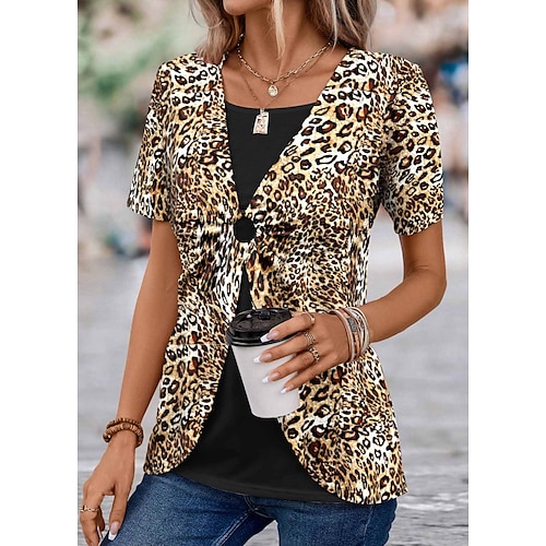 

Mulheres Camisa Social Blusa Amarelo Leopardo Botão Imprimir Manga Curta Casual Básico Decote V Padrão S