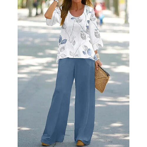 

Women's Shirt Pants Sets Blue Floral Print Long Sleeve Casual Holiday Streetwear U Neck