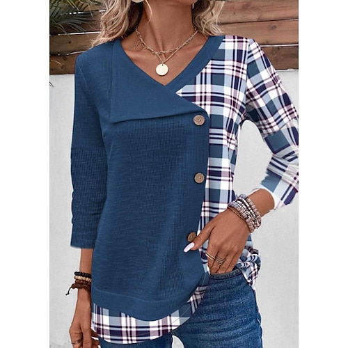 

Chemise Chemisier Femme Vin Bleu Violet Plaid Bouton Imprimer manche longue Casual basique Col V Normal Standard S