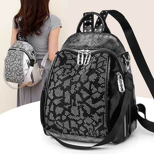 

Women's Backpack Mini Backpack Daily Traveling Geometric PU Leather Large Capacity Rhinestone Zipper Black Silver