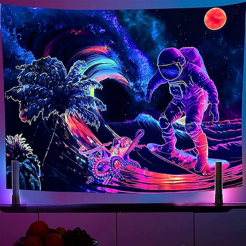 

Schwarzlicht-Wandteppich, UV-reaktiv, Astronaut, Skateboard, Meer, Welle, Oktopus, neblige Mondlandschaft, hängender Wandteppich, Wandkunst-Wandbild für Wohnzimmer, Schlafzimmer