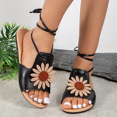 

Women's Sandals Slippers Flat Sandals Plus Size Outdoor Beach Summer Flower Flat Heel Cute Elegant PU Lace-up Black White