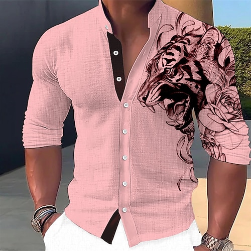  Men's Animal Tiger Shirt Button Up Shirt Long Sleeve Fashion Streetwear Designer Outdoor Casual Daily Summer Spring Fall Stand Collar Print White Pink Blue Green Khaki