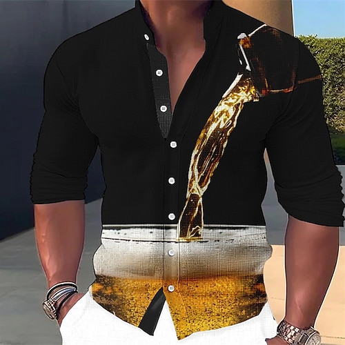 

Homme Chemise Chemise Lin Imprimés Photos Bière Mao Noir Extérieur Plein Air manche longue Imprimer Vêtement Tenue Lin Mode Vêtement de rue Design Décontractées