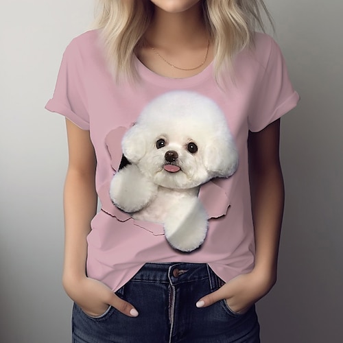 

Mulheres Camiseta Rosa Azul Roxo Cachorro 3D Imprimir Manga Curta Diário Final de semana Básico Decote Redondo Padrão 3D Pintura S