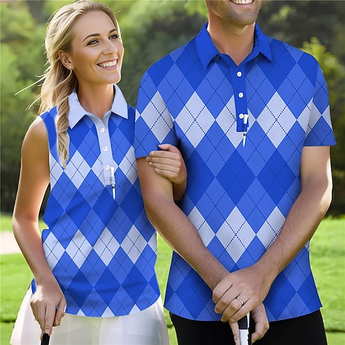 

Homens Mulheres Camisa polo de caminhada polo combinando Camisa de golfe Respirável Secagem Rápida Pavio Humido Manga Curta Vestuário de golfe Roupas de golfe Normal Xadrez Verão Tênis Golfe