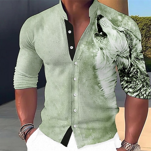  Men's Animal Wolf Shirt Button Up Shirt Long Sleeve Fashion Streetwear Designer Outdoor Casual Daily Summer Spring Fall Stand Collar Print Blue Purple Green Khaki Gray
