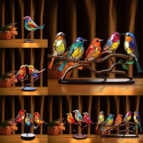 

Stained Birds On Branch Desktop Ornaments,Metal Flat Vivid Birds Decorations On Branch,Double Sided Multicolor Hummingbird Craft Statue Table Gift for Bird Lovers
