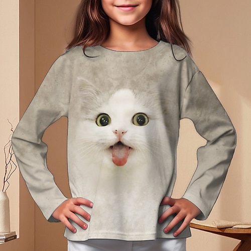 

Girls' T shirt Long Sleeve T shirt Tee Graphic Animal Cat 3D Print Active Fashion Cute Polyester Outdoor Casual Daily Kids Crewneck 3-12 Years 3D Printed Graphic Regular Fit Shirt