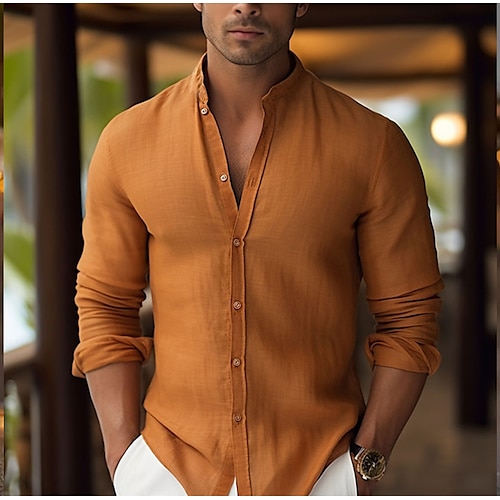 

Herren Hemd leinenhemd Knopfhemd Sommerhemd Strandhemd Orange Khaki Langarm Glatt Stehkragen Frühling Sommer Casual Täglich Bekleidung