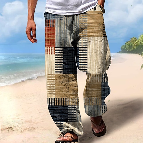 

Men's Trousers Summer Pants Beach Pants Drawstring Elastic Waist 3D Print Stripe Graphic Prints Geometry Comfort Casual Daily Holiday Streetwear Hawaiian Yellow Blue
