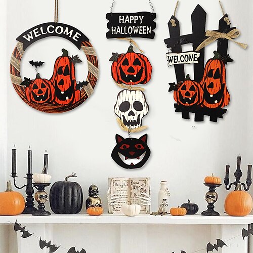 

1 pieza de letrero de madera para pared de halloween, decoraciones de halloween, letrero colgante para puerta, letreros de madera de feliz halloween, colgador de puerta rústico, letrero para