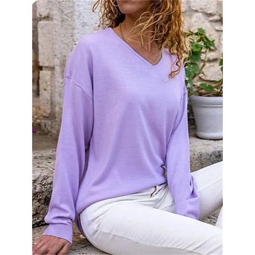 

Mulheres Camiseta Roxo Cinzento Tecido Manga Longa Diário Final de semana Básico Decote V Padrão S