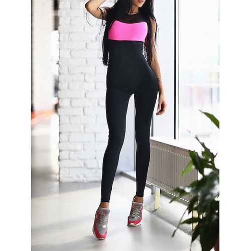 

Jumpsuit for Woman Romper Backless Patchwork Color Block Crew Neck Active Street Sport Regular Fit Sleeveless Black S M L Summer