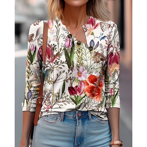 

T shirt Tee Femme Blanche Jaune Rouge Floral Bouton Imprimer manche longue Vacances Fin de semaine basique Col V Normal Standard Fleur Peinture S