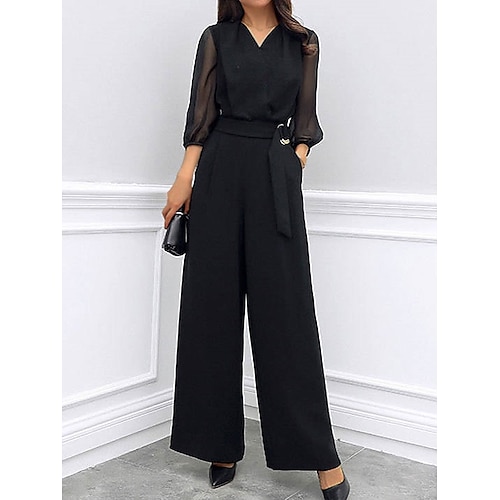 

Women's Jumpsuit Mesh Pocket Solid Color V Neck Business Office Work Regular Fit 3/4 Length Sleeve Black S M L Summer