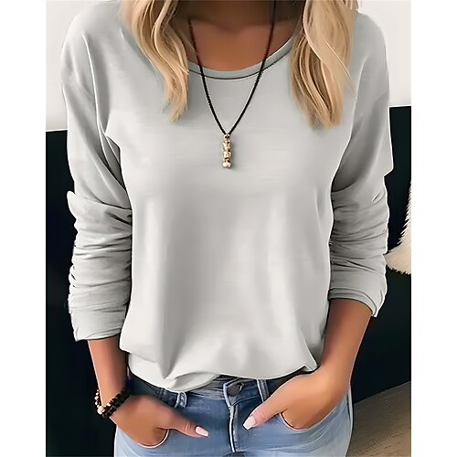 

Women's T shirt Tee Gray Plain Long Sleeve Daily Weekend Basic Round Neck Regular S