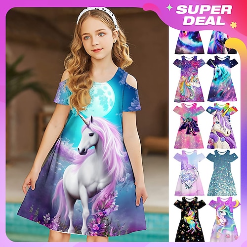 

Kids Girls' Dress Graphic Animal Unicorn Short Sleeve Outdoor Casual Hollow Out Fashion Cute Daily Polyester Above Knee Casual Dress A Line Dress Summer Spring 3-12 Years Multicolor Black Pink