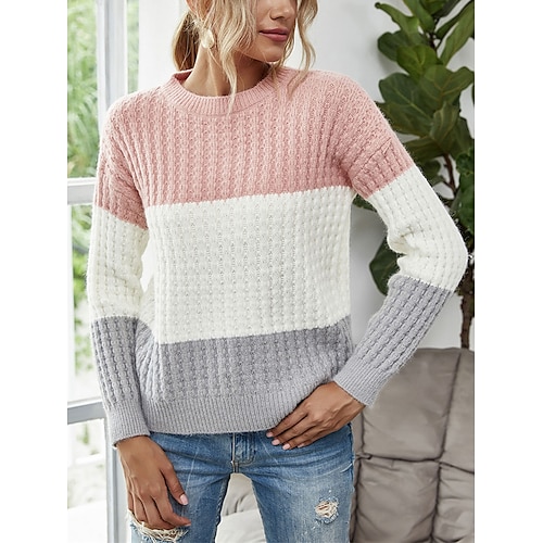 

Mulheres Pulôver suéter Saltador Estriado Tricotar Patchwork Bloco de cor Gola Redonda à moda Casual Ao ar livre Diário Outono Inverno Rosa Azul S M L