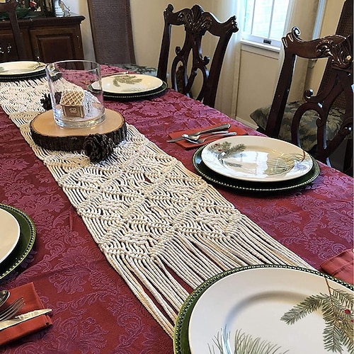 

Camino de mesa de macramé, decoración de mesa de boda tejida, lino bohemio hecho a mano con borlas, decoración vintage de casa de campo para comedor, cocina, fiesta de Navidad de Acción de Gracias