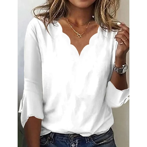 

Women's T shirt Tee White Pink Blue Plain 3/4 Length Sleeve Daily Weekend Basic V Neck Regular Fit Flare Cuff Sleeve